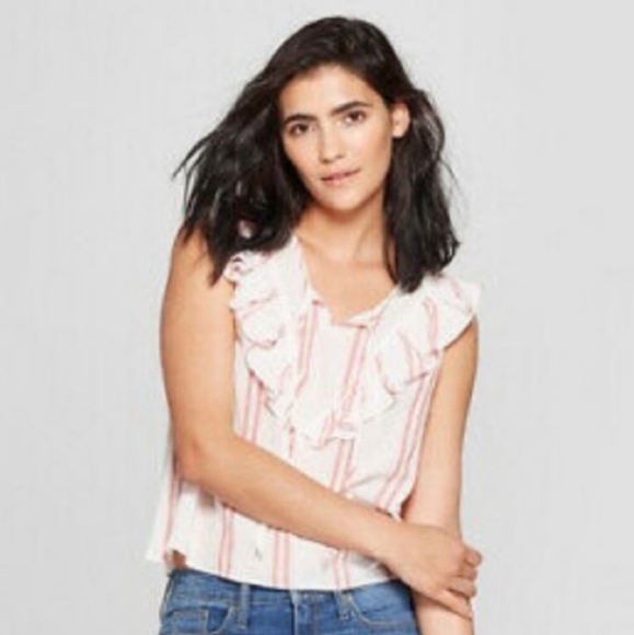 Universal Thread Tops - Universal Thread Red White Linen Stripe Ruffle Cropped Sleeveless Shirt‎ Medium